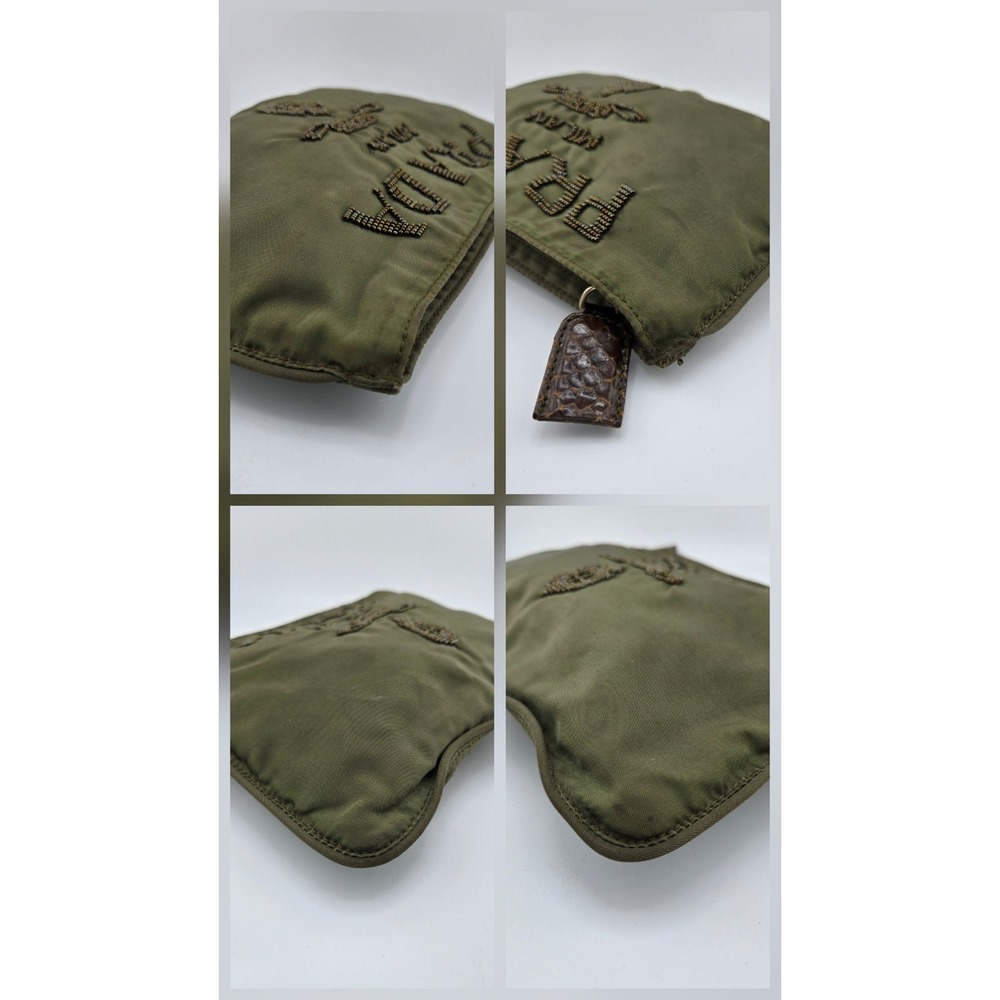 Prada Olive Green Nylon Beaded Logo Pouch Makeup Bag Clutch Milano Italy - Picture 5 of 8